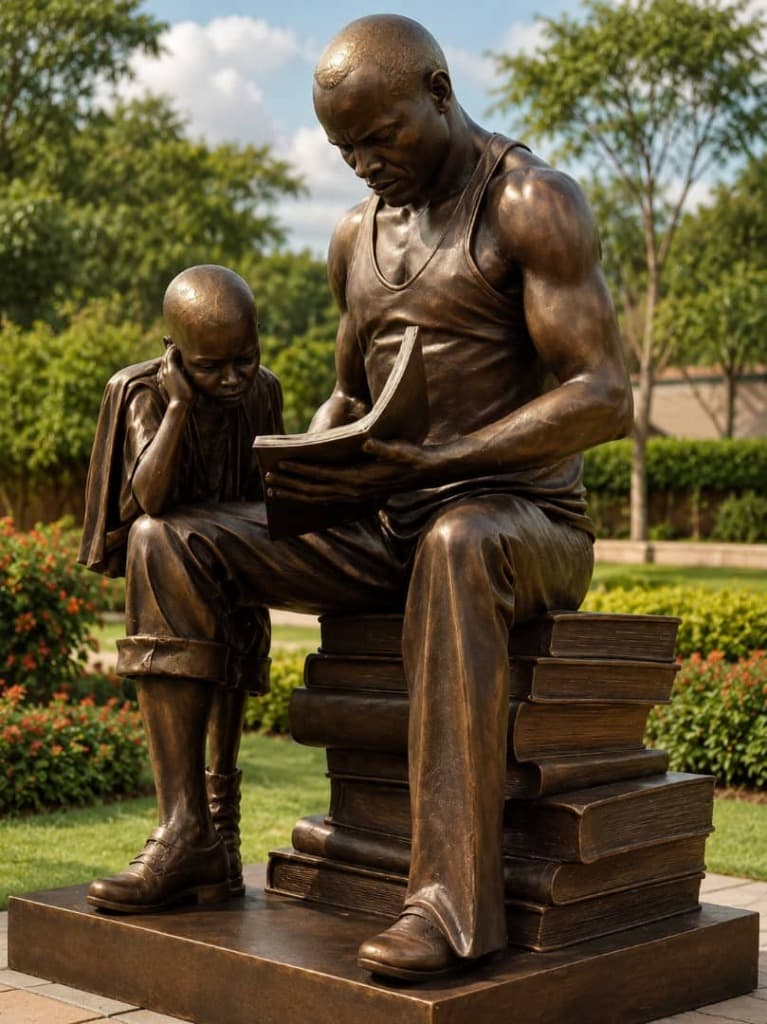 Bronze monument sculpture of reader and child, the company emblem